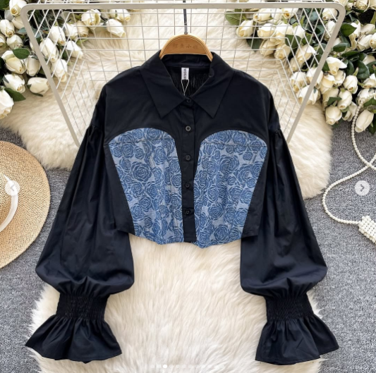Denim Patchwork Crop Shirt